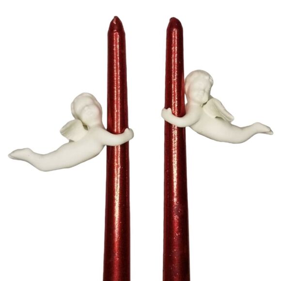 TREASURED Times 2 Piece Porcelain Bisque Angel Candle Climber Matte White Finish - Picture 1 of 6